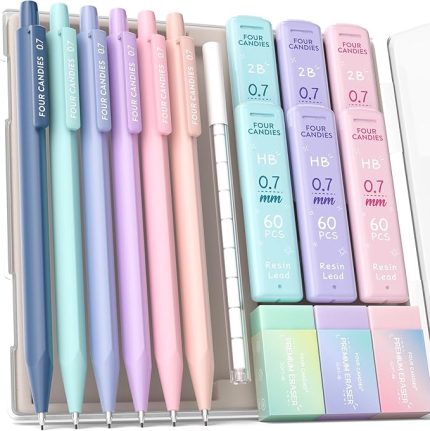 Candies 0.7 mm mekanik kalem seti, 6 adet sevimli mekanik kurşun kalem, 360 adet kurşun, 3 adet pastel silgi ve 9 adet silgi yedekleri