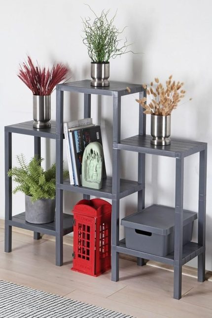 Home 6 Raflı Plastik Raf Ünitesi Saksılık Çiçeklik Saksı Standı Dekoratif Raf Gri