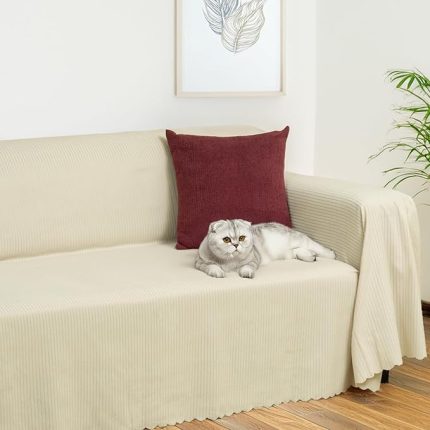 Home Mikrofiber Şönil Fitilli Minimalist Koltuk Örtüsü -175x300 cm Large, Çift Taraflı, Kaymaz, Terletmez, Krem