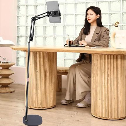 iPad Uyumlu Tablet Tutucu Döner Başlıklı Dirsekli Metal Ayarlanabilir Zemin Standı, Tablet Zemin Standı Siyah Geniş Uyumluluk Ellerinizi Ev İçin Serbest Bırakın 130cm | (155 Black)