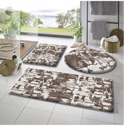 Carpet 3'lü Banyo Paspası Desenli Peluş Banyo Halısı Peluş Desenli Krem Rengi Banyo Paspası