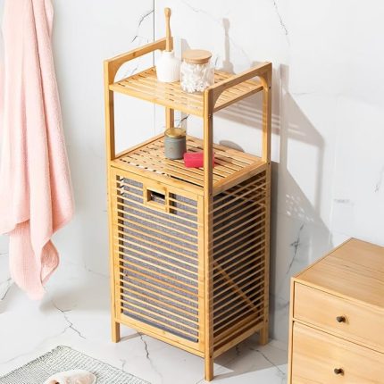 2063 2 Raflı Ahşap Kirli Sepeti Organizer Banyo Dolabı Ahşap