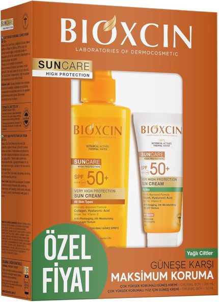 Sun Care SPF 50 Güneş Koruyucu Set – Yüz Kremi 50 ml + Vücut Spreyi 200 ml – Kuru ve Normal Ciltler İçin, Suya Dayanıklı, Anti-Alerjik