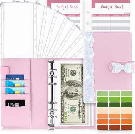 A6 Bütçe Bağlayıcı Defter, 26 Adet PU Deri Bütçe Planlayıcısı Doldurulabilir 6 Yuvarlak Halkalı Ciltli Kapak Şeffaf Plastik Zarflı Cepler, Nakit Bütçeleme Para Tasarrufu Düzenleyici - Kelebek