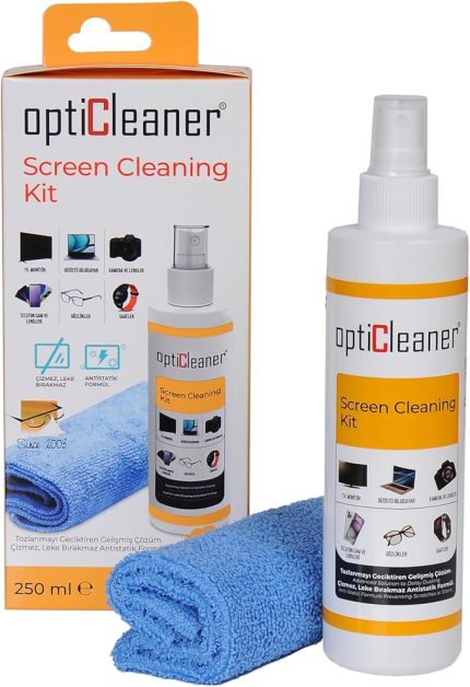Ekran Temizleme Seti – 250 ml Sprey + Özel Mikrofiber Bez | Bilgisayar, Laptop, Tablet, TV, Telefon, Yazıcı, Kamera & Gözlük İçin Antistatik, Çizmez ve Parlatıcı