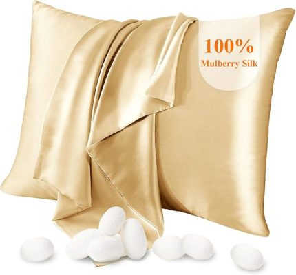 %100 İpek Yastık Kılıfı, Saç ve Cilt için, Her İki Tarafı Dut İpeği Yastık Kılıfı, 21 Momme 600 İp Sayısı, Gizli Fermuarlı, Hipoalerjenik, Yumuşak ve Nefes Alabilir (Şampanya, Queen: 50 x 76 cm, 1 adet)