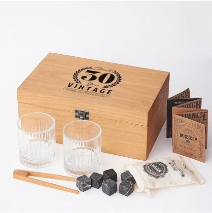 30 Yaş Tasarımlı Ahşap Kutulu 2'Li Glasgow Viski Kadeh Seti + 6 Soğutucu Taş