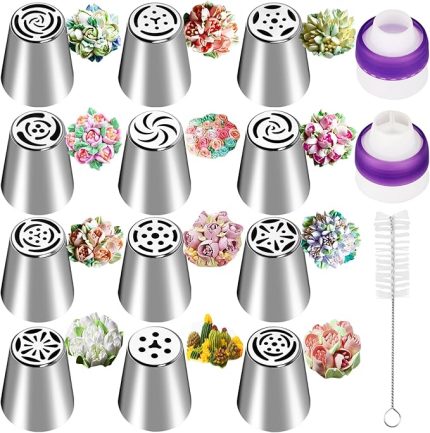 12 Rus krema sıkma ucu seti, profesyonel, büyük, püskürtme başlığı seti, Rus çiçekleri, paslanmaz çelik pasta dekorasyon başlığı, pasta dekorasyon ipuçları, 2 başlık dönüştürücü, pişirme için,