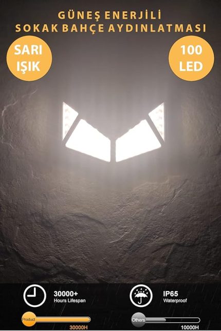 100 Ledli Sarı Işık Güneş Enerjili Hareket Sensörlü Solar Bahçe Lambası Şarj Olabilen