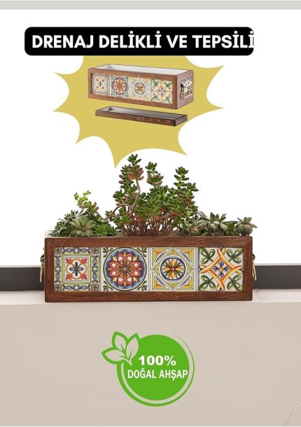 Yapımı 4 Meksika Çinili Dekoratif Modern Ahşap Dikdörtgen Bahçe Balkon Saksı Saksılık Çiçeklik