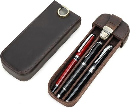 FAMILY Deri 3 Yuvalı Dolma Kalem Kılıfı, El Yapımı Hakiki Deri Kalem Düzenleyici Kılıf 3 Kalem, Kalem Saklama Hediye Kutusu (Kahve)