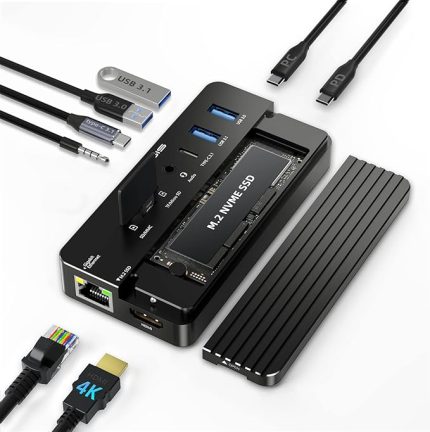 NVMe M.2 SSD ve SATA SSD Muhafazalı USB-C HUB 10'u 1 Arada Yerleştirme İstasyonu 100W Güç Dağıtım Desteği Windows/MAC/Android Cep Telefonu için 8 TB (Siyah)