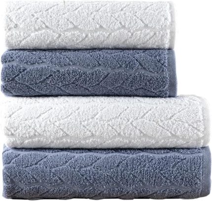 Home Sarmaşık Çift Renk Banyo Havlusu, 4'lü Paket 2 Parça (70x140),2 Parça (50x90) Yumuşak ve Emici, Kaliteli Günlük Kullanıma Uygun%100 Pamuk Havlu (İndigo-Beyaz)