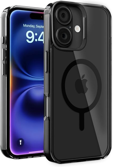 iPhone 16 için Cyrstal+ Serisi Magsafe ile Uyumlu Metal Lens Korumalı ve Metal Tuş Takımlı Hybrid Materyal Kılıf Kapak (Siyah, 16)