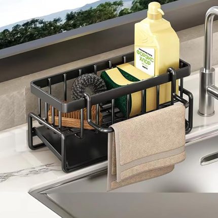 Süngerlik, Fırça Scrubber Sabun Lavabo Stoper için Mutfak Lavabo Sayaç Düzenleyici, Çıkarılabilir Bulaşık Bez Askı ile Paslanmaz Metal Lavabo Depolama Rafı (Siyah)