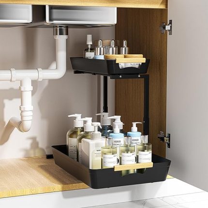 Lavabo altı depolama mutfak organizatörü, 2 katmanlı metal lavabo depolama altında, yüksekliği ayarlanabilir, L şekilli tasarım çelik mutfak dolabı banyo için