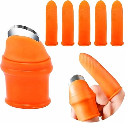 Silikon Başparmak Bıçağı ve Kesilmeye Dayanıklı Parmak Kılıfı Seti – Meyve ve Sebze Toplama için Paslanmaz Çelik Kesici, Bahçe Budama Eldiveni Kiti