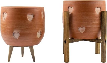 Tasarımı Ev Dekorasyon Aksesuar Kalp Desenli Toprak Saksı Saksılık Salon Çiçeklik İkili Set 3 Ayaklı- 4 Ayaklı- 19 CM