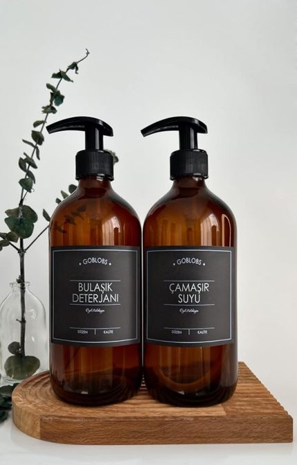 BLOBS 2'li Set 500ml Amber Kahverengi Cam Şişe Bulaşık Deterjanı & Çamaşır Suyu Siyah Etiketli (kahverengi(bulaşık deterjanı çamaşır suyu))