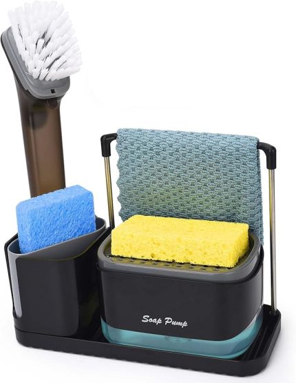 Bulaşık deterjanı dispenseri, mutfak seti, lavabo düzenleyici, siyah, tepsi ve sünger tutuculu, tekrar doldurulabilir, mutfak lavabosu için uygundur