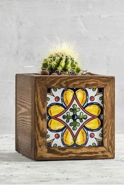 Yapımı 1 Meksika Çinili Dekoratif Modern Ahşap Dikdörtgen Bahçe Balkon Saksı Saksılık Çiçeklik