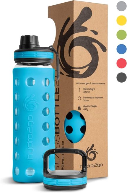 silikon kılıflı cam şişe 550 ml - bulaşık makinesinde yıkanabilir | 2 değiştirilebilir kapak | %100 sızdırmaz BPA içermez - çocuklar, ofis, fitness, yoga, spor ve dış mekan için cam şişe