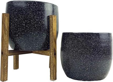 Tasarımı Ev Dekorasyon Aksesuar Siyah Granit Toprak Saksı Saksılık Salon Çiçeklik İkili Set Ayaksız - 4 Ayaklı- 19 CM