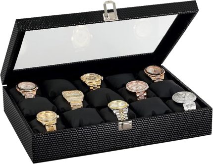 15 li Diamond Siyah Deri Ahşap Camlı Saat Kutusu st15-24