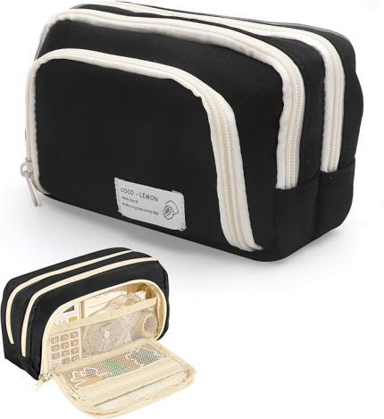 Kalem kutusu, siyah, Estetik kalem kutusu, 3 bölmeli, büyük kapasiteli, kalem kutusu, kız ve erkek çocuk, genç, yetişkin çantası, okul çantası, okul, ofis için, Siyah, 3 bölmeli kalem kutusu