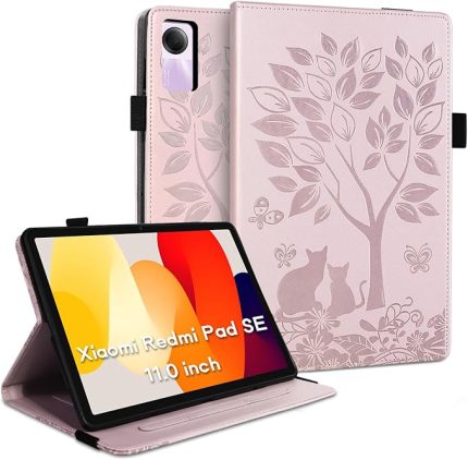 Xiaomi Redmi Pad SE 11 inç Stand Fonksiyonu ile Uyumlu Tablet Kılıfı Xiaomi Redmi Pad SE Kılıf Premium PU Deri Redmi Pad SE Elastik Bantlı Tablet Kılıfı Pembe