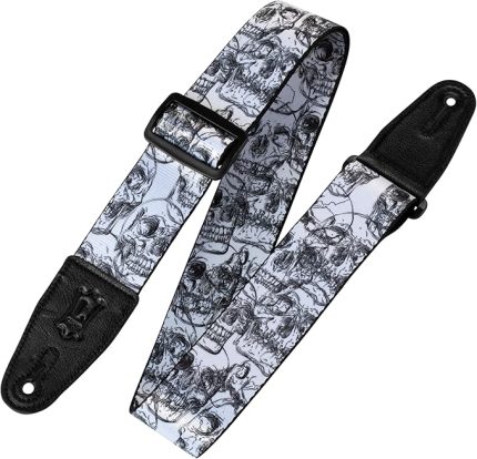 Süblimasyon Gitar Askısı (Polyester, yakl. 5 cm Genişliğinde) Siyah Beyaz Kafatası