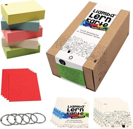 Pocket Color öğrenme kartı | 5 x 100 adet pratik halkalı bilgi kartı | geri dönüşümlü karton | DIN A8 formatında | 7,4 x 5,2 cm | 5 renkte | 160 g/m² | çizgili | Almanya'da üretilmiştir