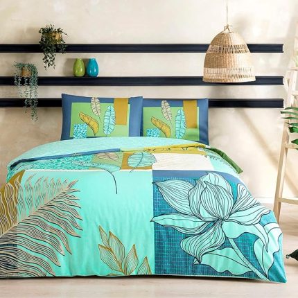 Monstera Ranforce Çiçek Desenli%100 Pamuk Nevresim Takımı, Mint, Tek Kişilik