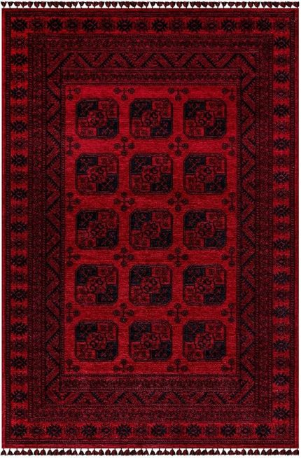 Halı Kırmızı Renkli Afgan Tarzı Altı Kaymaz Yıkanabilir Şönil Kilim