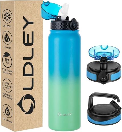 Paslanmaz Çelik Pipetli Su Şişesi 1L Vakum Yalıtımlı Büyük İçecek Şişesi Metal Su Şişeleri 1 Litre Sızdırmaz İçecekleri Sıcak Soğuk Tutun Spor Salonu için Farklı Kapaklı Spor Salonu (Mavi