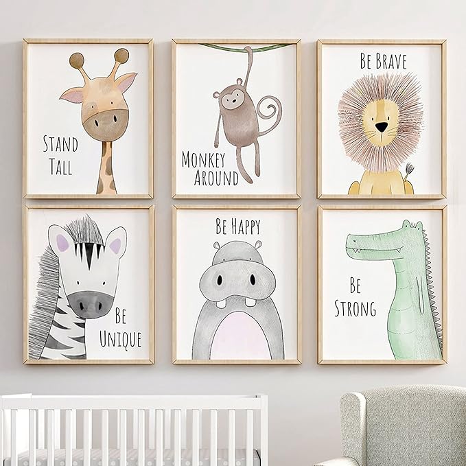6 Adet Orman Hayvanları Kreş Bebek Odası Dekorasyon Çerçeveli Resimler Duvar Sanatı Posteri Erkek Kız Çocukları için A4 (Resim Çerçeveleri Dahil Değildir)