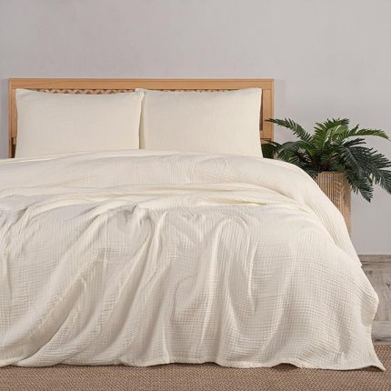 TEKSTIL Müslin Yatak Örtüsü Seti Çift Kişilik, Şık Düz Renk 100% Pamuk 4 Kat Muslin Yastık Kılıflı Pike Takımı, Denizli Üretimi (Natural Renk, Çift Kişilik Set (230x250 cm))