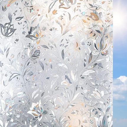 Gizlilik Cam Filmi Kendinden Yapışkanlı Gizlilik Filmi Opak Tutkalsız Anti UV Dekoratif Leke Cam Filmi Pencere Kaplaması Buzlu Cam Filmi Lale (90 x 200 cm)