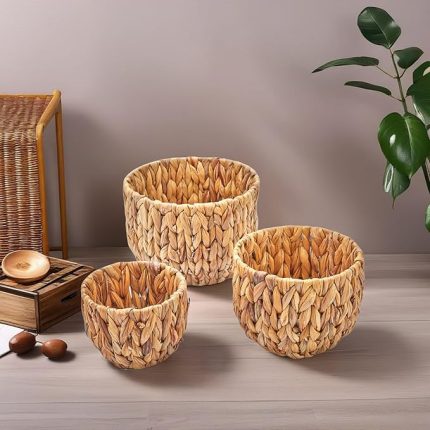3'lü El Yapımı Doğal Hasır Yuvarlak Saksı Seti, Hasır El Yapımı Yuvarlak Örgü Saksı 3'lü Set, Rattan Saksı Seti, (22cm*15cm-18cm*13cm-14cm*11cm)