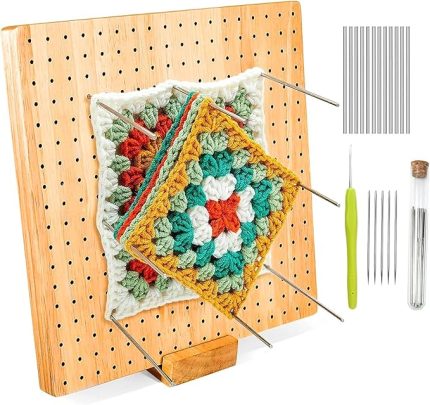 Ahşap tığ işi engelleme tahtası seti, örgü tığ işi ve büyükanne kareleri için, el işi, el işi örgü engelleme matı, 40 adet 4 inç paslanmaz çelik iğne ve 2 adet örgü standı