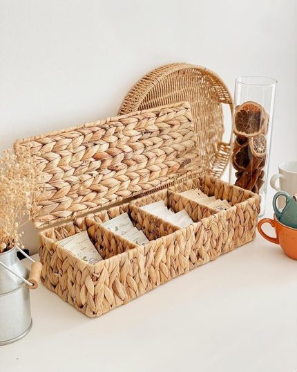 El Yapımı Doğal Hasır Dikdörtgen Çok Amaçlı 4 Bölmeli Kapaklı Dolap Düzenleyici (40x15x10cm)