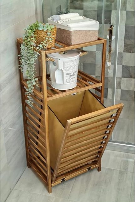 Ceviz Rengi Ahşap Kirli Sepetli Banyo Düzenleyici Raf – CVZ01