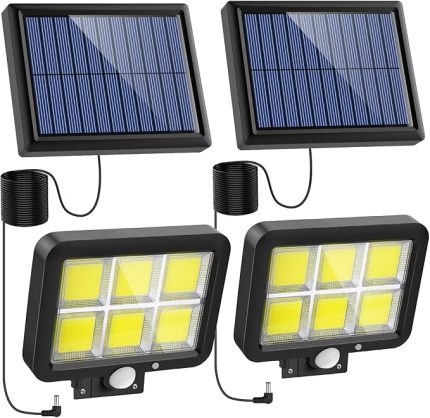 Işıklar Dış Mekan için Hareket Sensörlü, 120 COB LED Spot Işığı Dış Mekan, Süper Parlak Güneş Işığı 3 Modu IP65 Su Geçirmez, 16,5 ft 5M Kablo ile Duvar Lambası, 2'li Paket