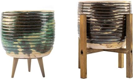 Tasarımı Ev Dekorasyon Aksesuar Yeşil Sırlı Terrakota Toprak Saksı Saksılık Salon Çiçeklik 3 Ayaklı- 4 Ayaklı- 19 CM