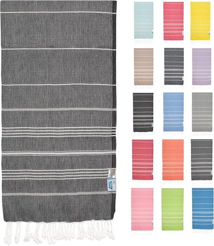 Pamuk EXTRA LARGE (90 x 180 cm) Peştemal Plaj Havlusu, OEKO-TEX Sertifikalı, Süper Yumuşak Deniz Havlusu, Hafif, Kum Tutmaz, Yıkanmış, Hızlı Kurur(Siyah)