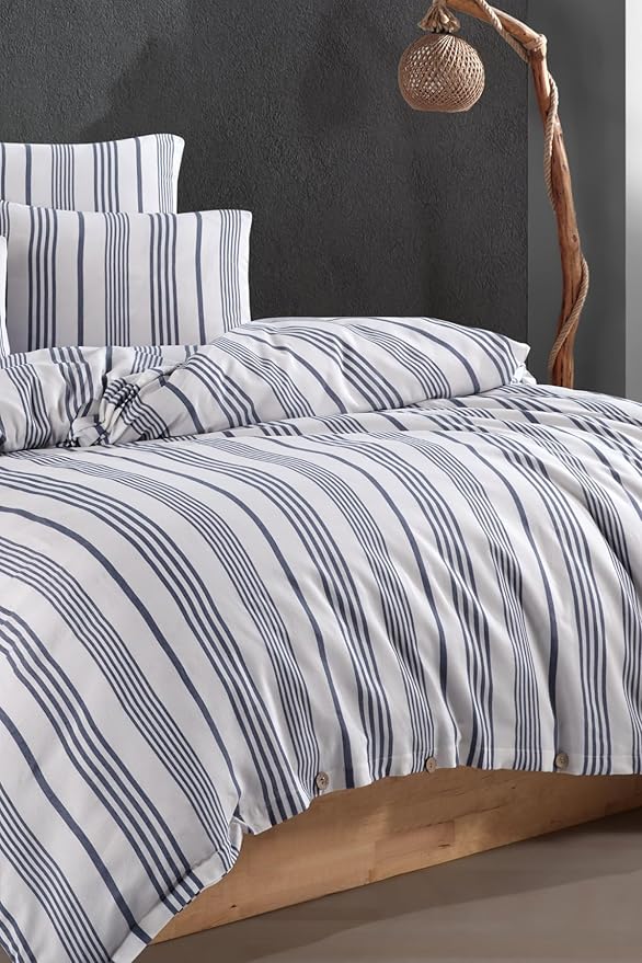 Düğmeli Lastikli Çarşaflı Pamuklu İpliği Boyalı Tek Kişilik Nevresim Takımı (1 Adet Yastık Kılıflı) (Mavi) - Görsel 3