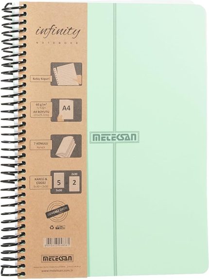 Infinity Pastel Serisi, A4, 7 Konulu (5 Kareli, 2 Çizgili) 210 Yaprak PP Kapaklı Spiralli Defter, Yeşil