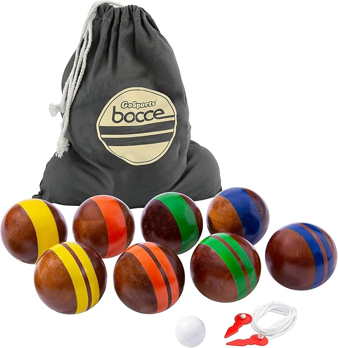 100 mm Ahşap Bocce Seti, 8 Premium 12 oz Ahşap Toplar, Pallino, Kasa ve Ölçüm Halatı