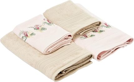 Floret Çiçekli%60 Pamuk%40 Viskoz Hamam Seti, Somon, 2 Adet 70x150 cm, 2 Adet 50x90 cm