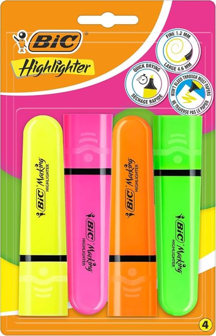 Marking Flat Higlighter Fosforlu Kalem 4'lü Blister, 4 Renk (Sarı, Turuncu, Pembe, Yeşil), Su Bazlı, Hızlı Kuruyan Mürekkep